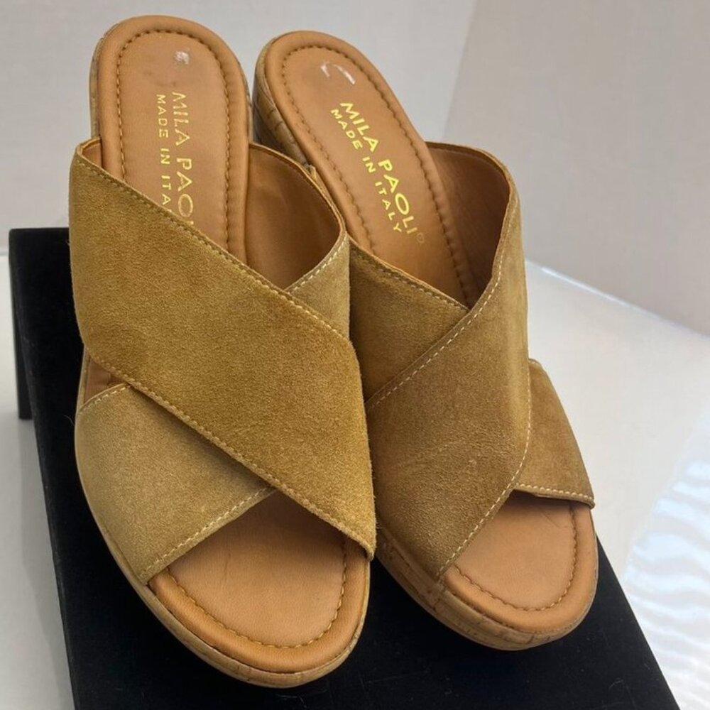 Mila Paoli Italy Suede Cross Strap Cork Wedge Sandals Tan – Est. US 7